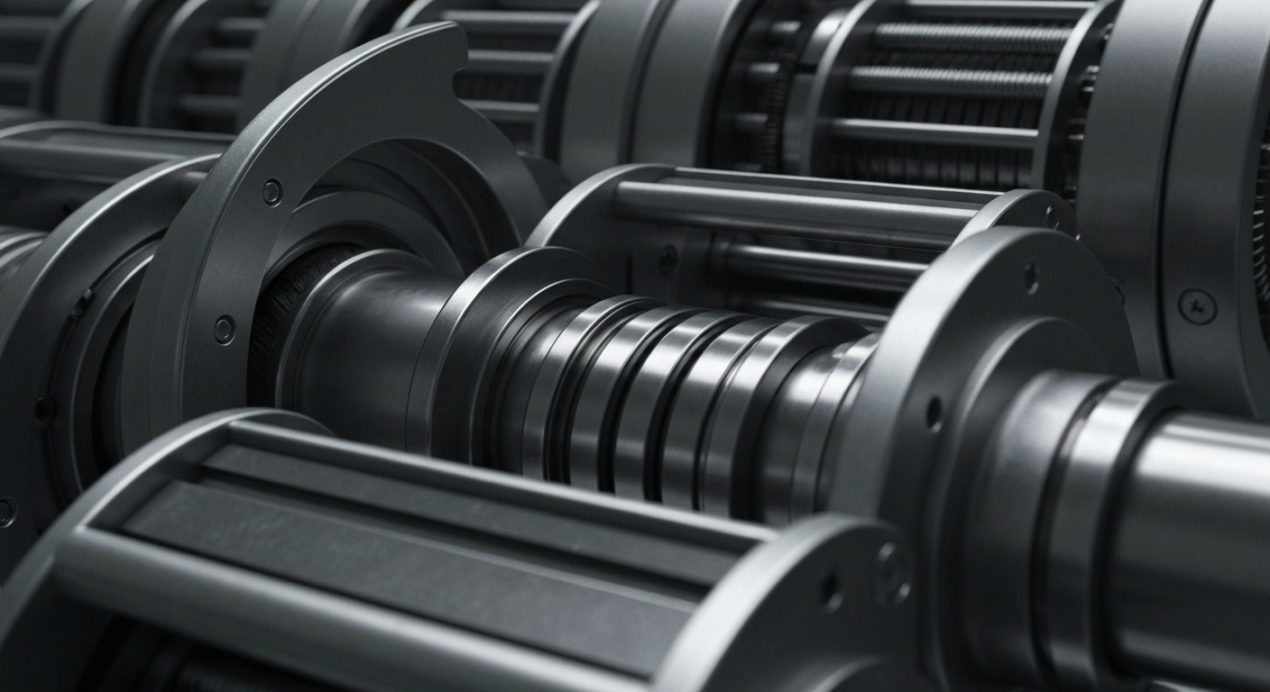 An extreme close-up of heavy, industrial banking equipment and machinery in shades of steel gray, gunmetal, and chrome, conveying a sense of financial security and institutional power.