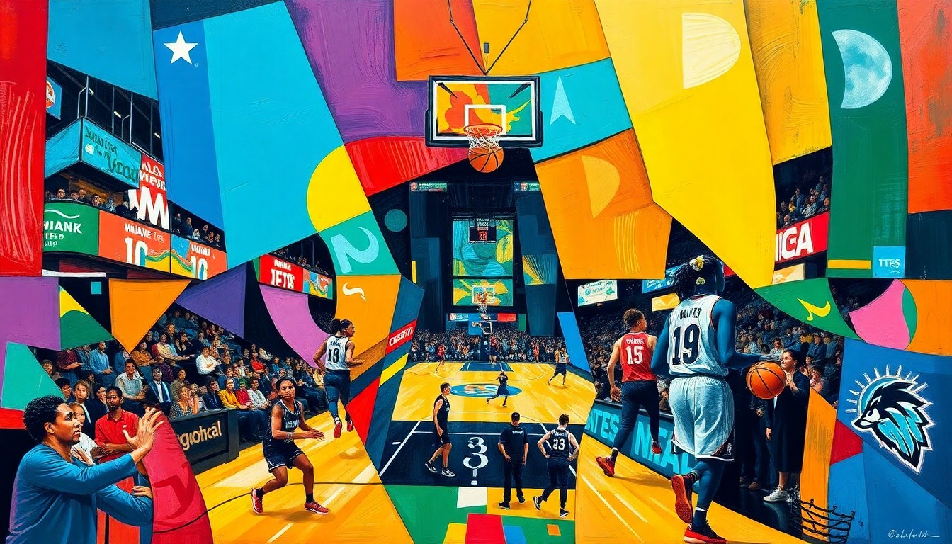 A cubist, geometric painting depicting a fragmented WNBA basketball game, with the vibrant colors of the Indiana Fever and new expansion teams overlapping in a dynamic, abstract composition.