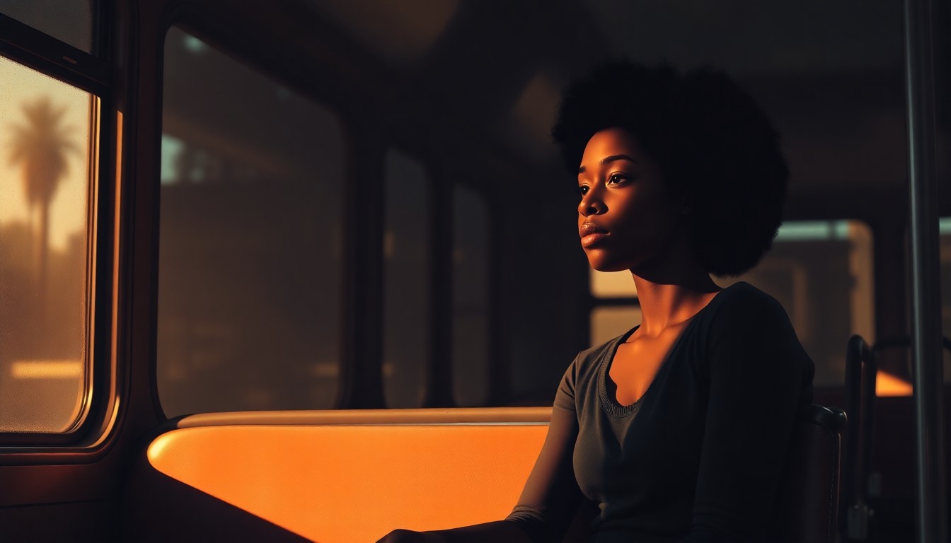 A cinematic painting depicting a young Black woman sitting alone on a bus, her face partially obscured by shadows, capturing the quiet determination and resilience of Claudette Colvin's historic act of civil disobedience.