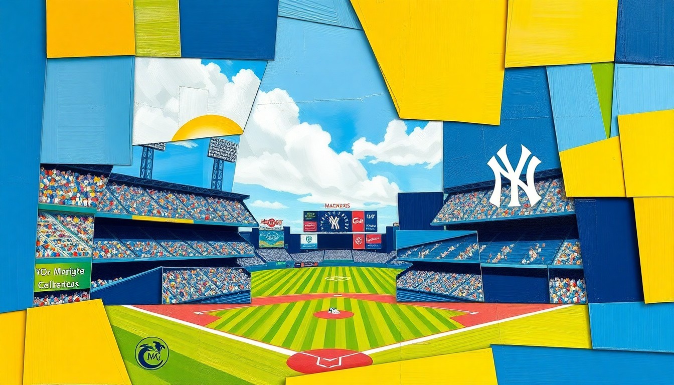 A fractured, geometric painting depicting a baseball game between the Marlins and Yankees, with sharp planes of color and overlapping perspectives capturing the dynamic action on the field.