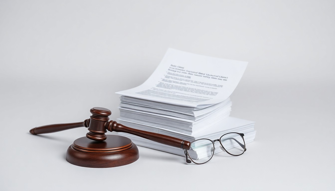 A minimalist studio still life photograph featuring a stack of legal documents, a gavel, and a pair of reading glasses, conceptually representing the civil litigation process and the resolution of community-level disputes.