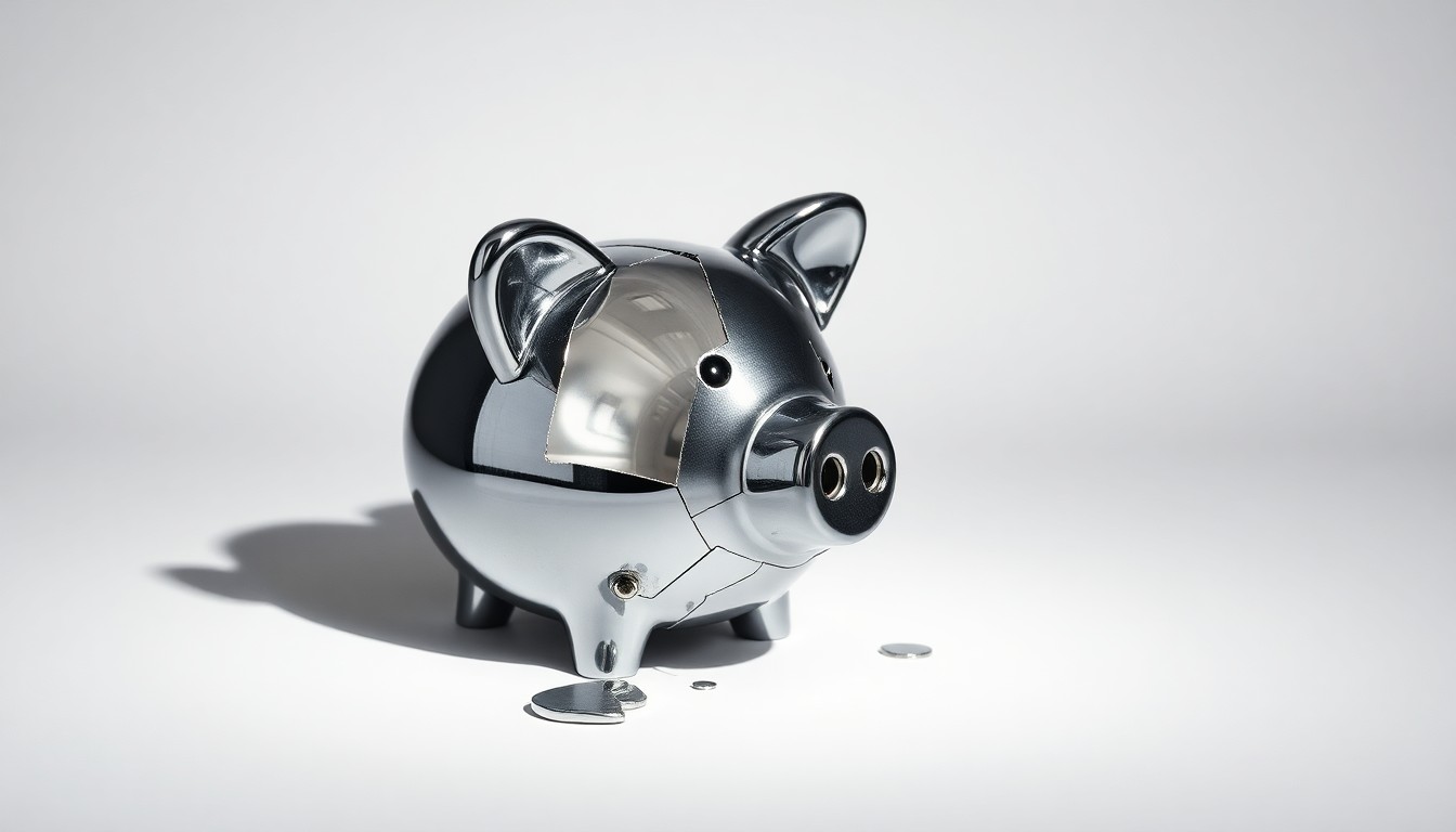 A photorealistic studio still-life image of a shattered chrome piggy bank resting on a clean white background, conveying the financial losses and broken trust caused by the accounting errors and internal control failures at Driven Brands.