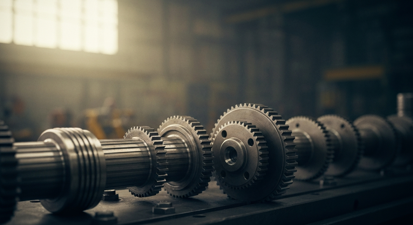 An extreme close-up of interlocking industrial gears and circuit boards in shades of grey, bronze, and black, conceptually representing the technical and financial infrastructure of technology companies.
