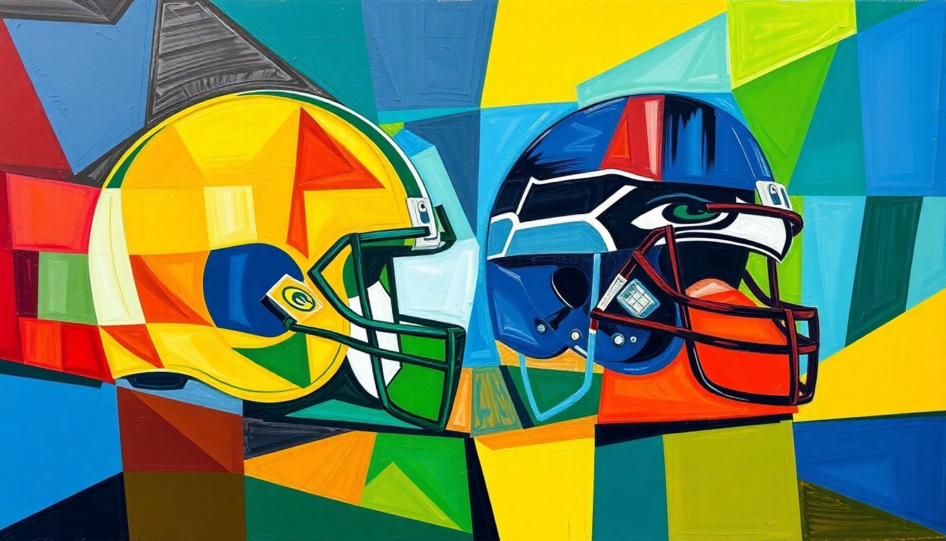 A fragmented, geometric painting in vibrant greens, blues, and reds, representing the complex decision-making process of the Packers' draft strategy.