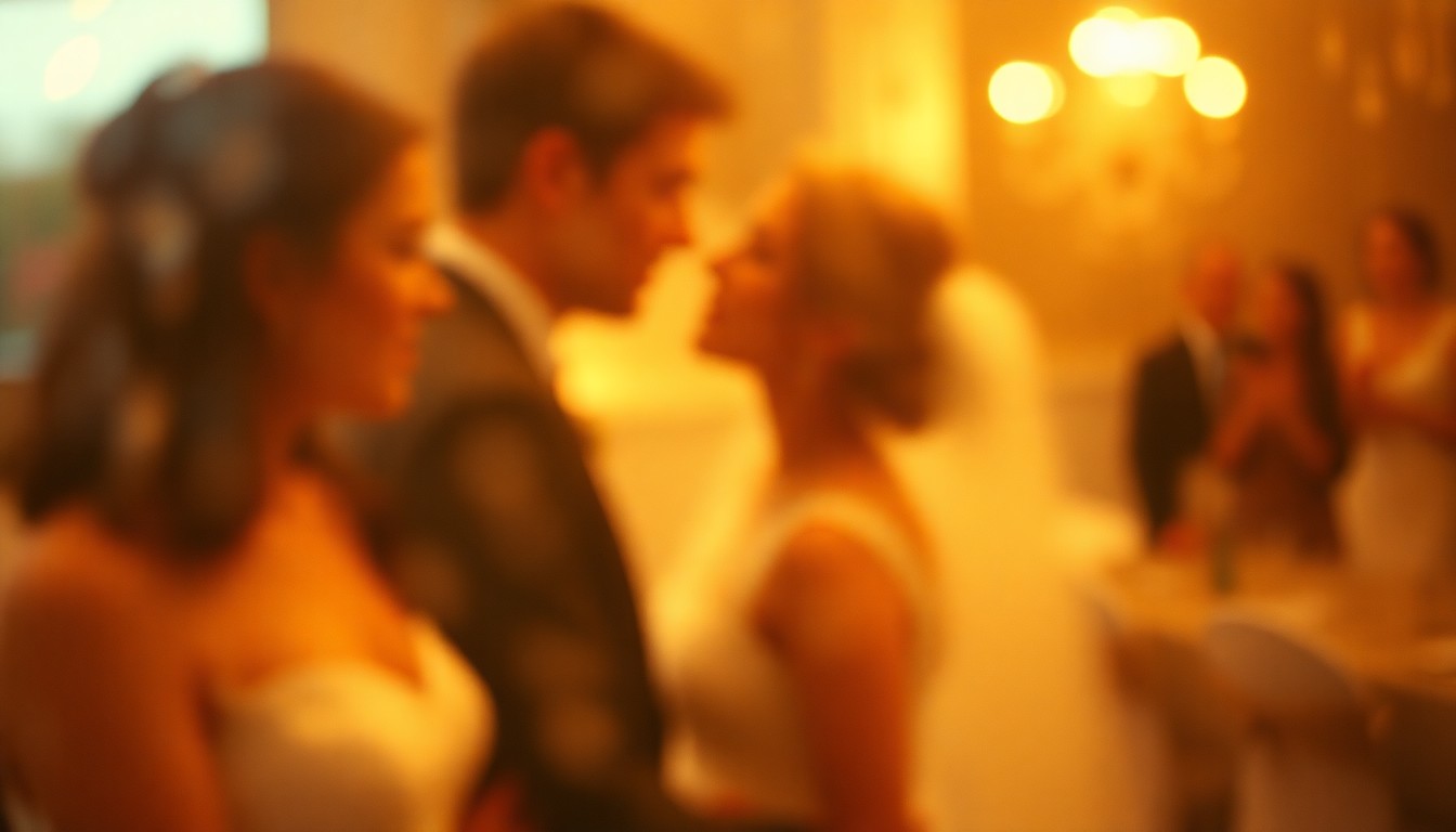 An extremely blurred, impressionistic photograph in warm tones, depicting the faint silhouettes of a couple embracing, conveying a sense of intimacy and emotion despite the abstracted, out-of-focus nature of the image.