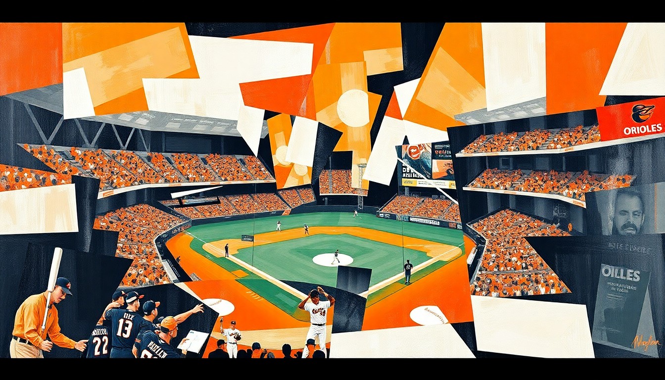 A cubist, geometric painting in orange, black, and white, depicting the fragmented action of a baseball game or match, representing the renewed affiliation between the Frederick Keys and Baltimore Orioles.