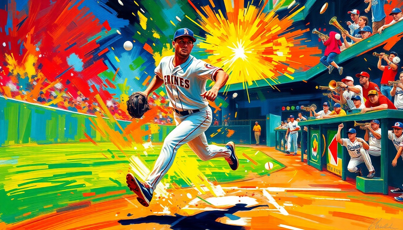 An abstract, expressionist painting featuring bold, neon-colored brushstrokes that capture the dynamic motion and energy of a baseball player running onto the field, with the faint outline of a trumpet in the background, conceptually representing the excitement of Diaz's entrance music.
