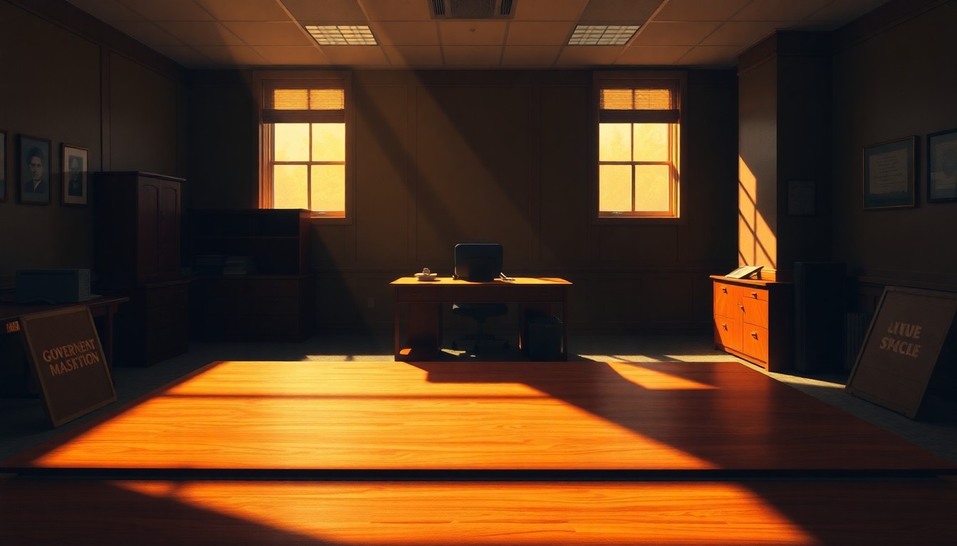 A dimly lit, cinematic painting of an empty government office desk, with warm sunlight streaming in through a window and casting deep shadows across the surface, conveying a sense of political isolation and shifting priorities.