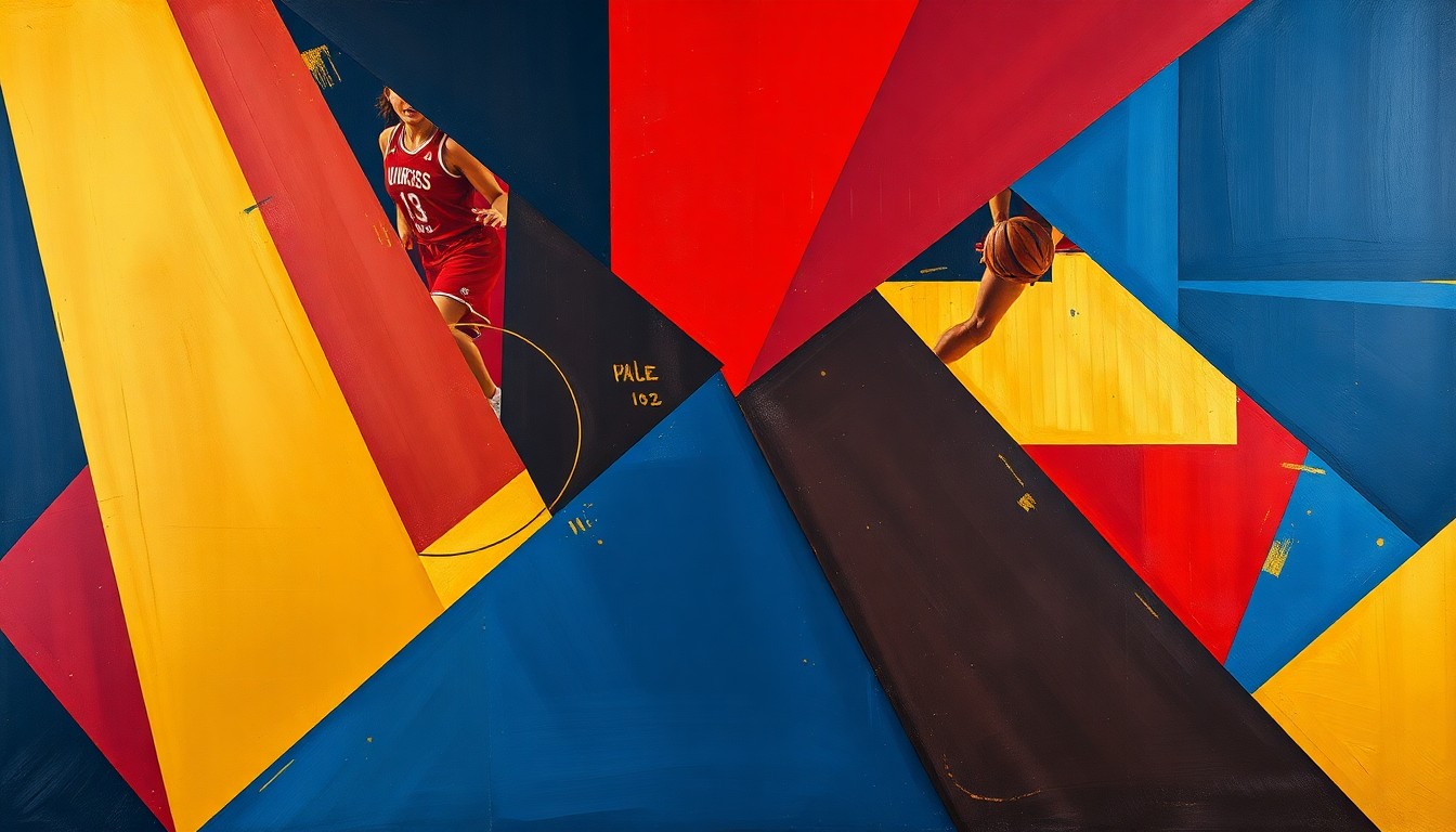 A cubist-style painting featuring overlapping geometric shapes and planes in navy blue, crimson red, and gold, conceptually representing the transformative impact of a women's basketball coach's salary increase.