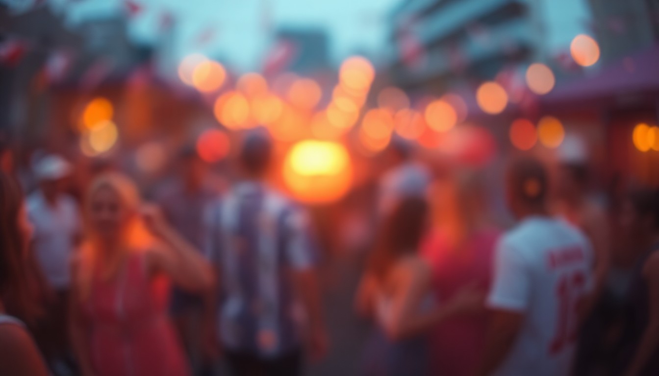 An abstract, impressionistic photograph of a community gathering, with soft, out-of-focus pools of warm light and color, conveying a sense of celebration and togetherness.
