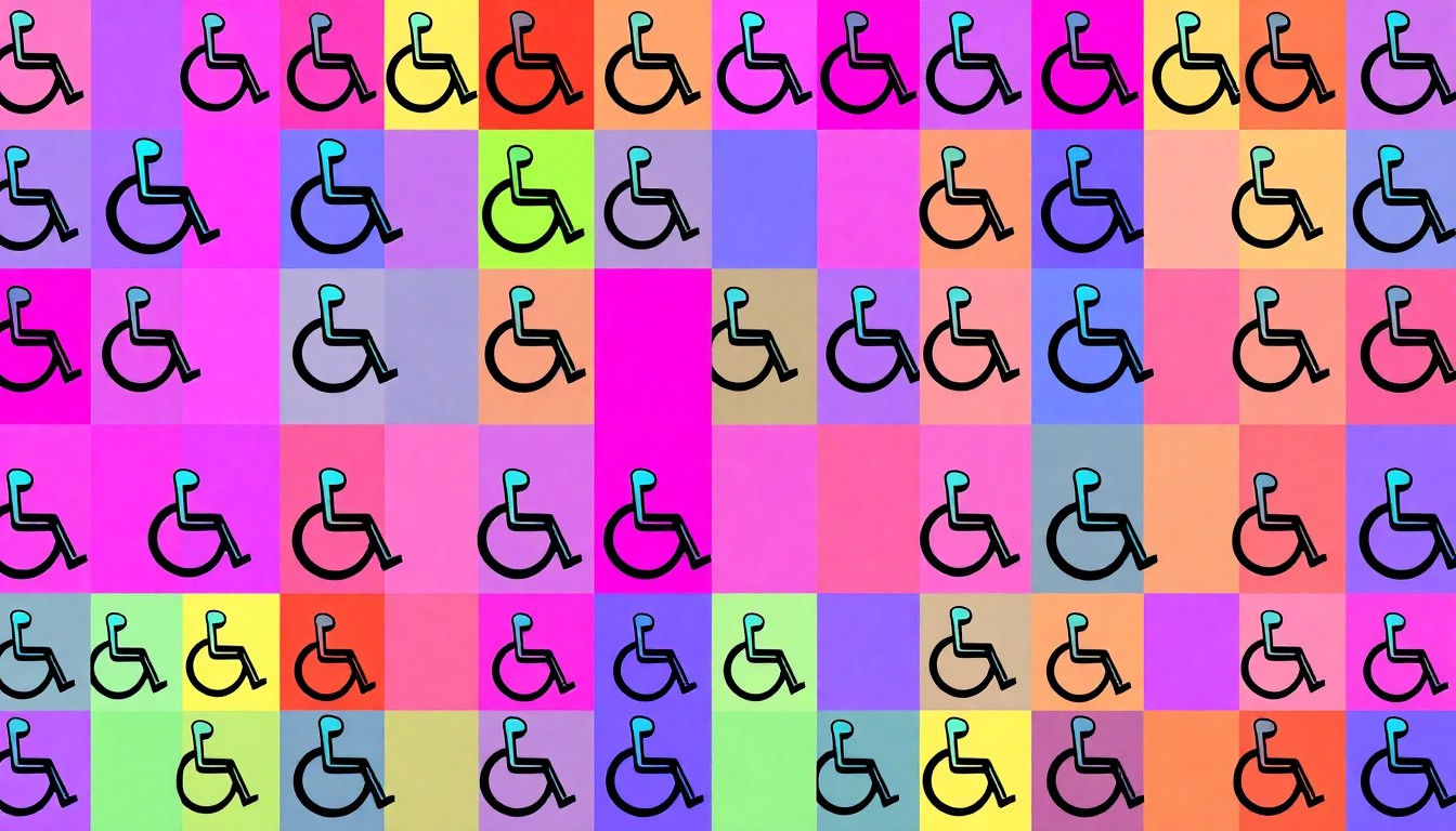 A bold, colorful silkscreen-style illustration featuring a wheelchair icon repeated in a grid pattern, using bright neon hues and high-contrast black outlines to transform the everyday symbol into a modern pop art piece.