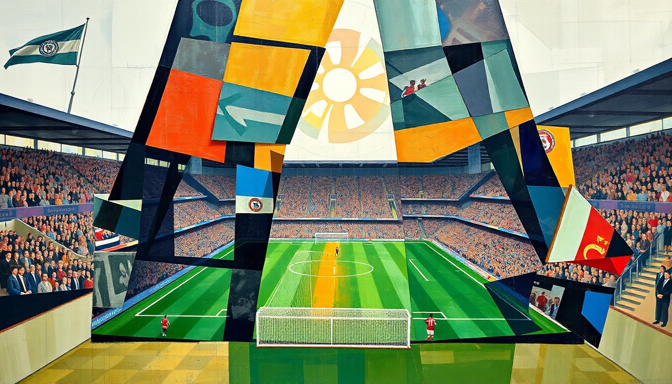 A fragmented, geometric painting depicting the dynamic movements and energy of a Championship football match, with sharp, overlapping planes of color and form representing the players and action on the field.