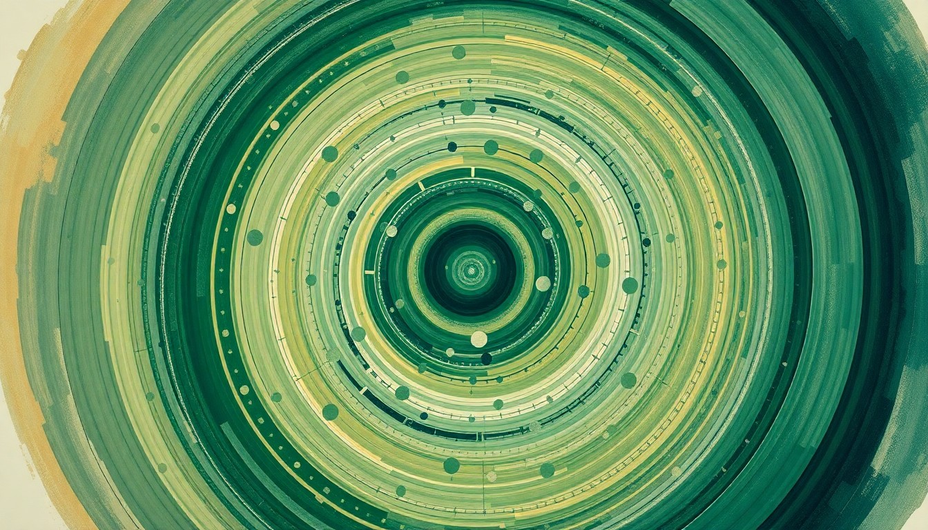 A highly structured abstract painting in muted earth tones, featuring sweeping geometric arcs, concentric circles, and precise botanical spirals, conveying the complex web of life on our planet.