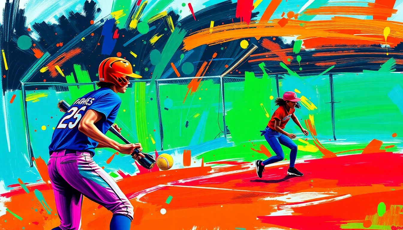 An abstract, expressionist painting in vibrant neon colors, with rapid brushstrokes capturing the dynamic motion and energy of a high school softball game, the players' forms dissolving into unrecognizable splatters of paint.