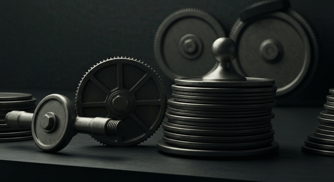 A close-up image of various metal gears, levers, and mechanisms, representing the inner workings of the banking system in a high-contrast, industrial style.