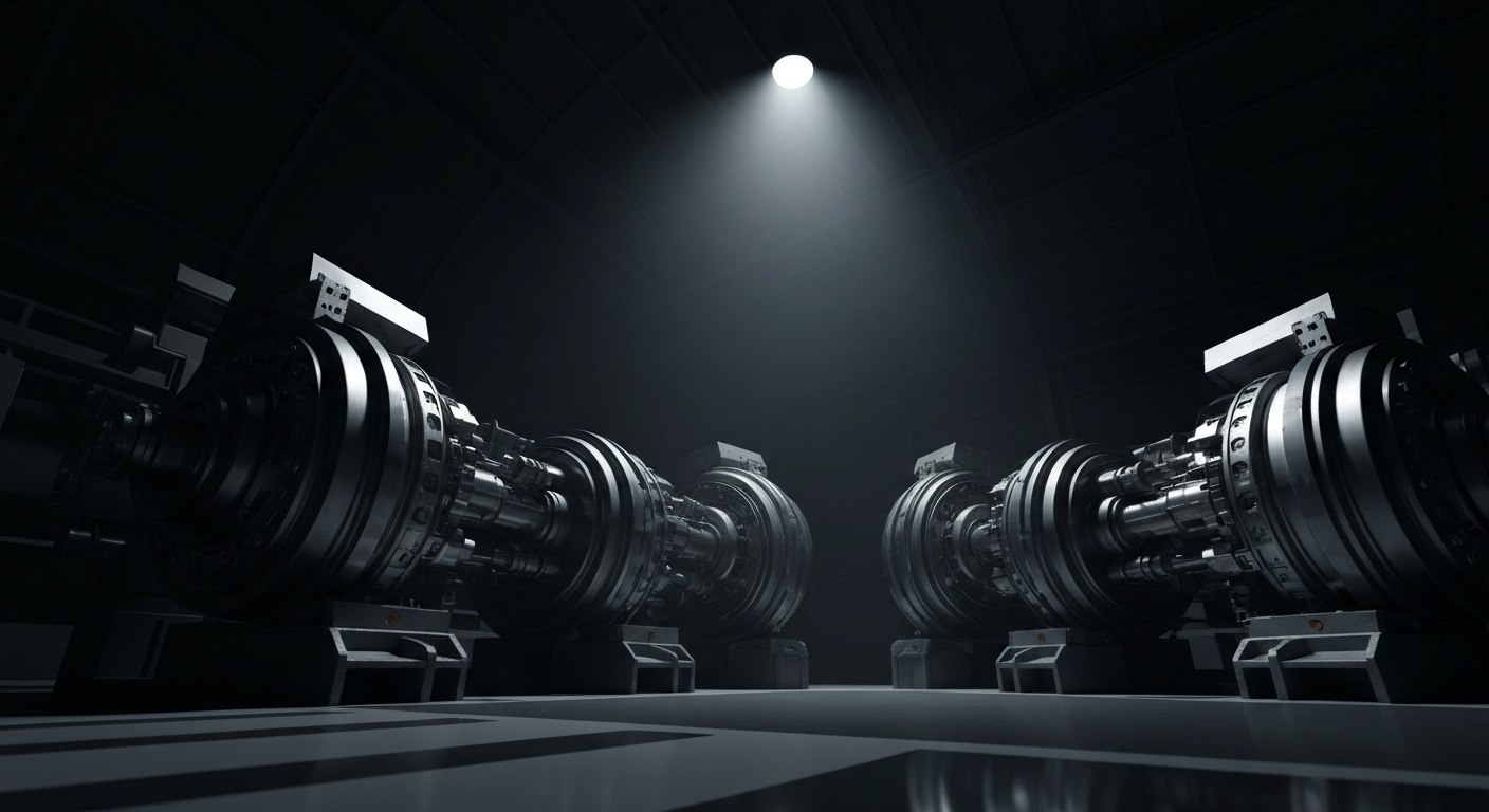 An extreme close-up of complex, interlocking aerospace manufacturing equipment, conveying the industrial nature of the company's business without using any literal financial symbols or imagery.