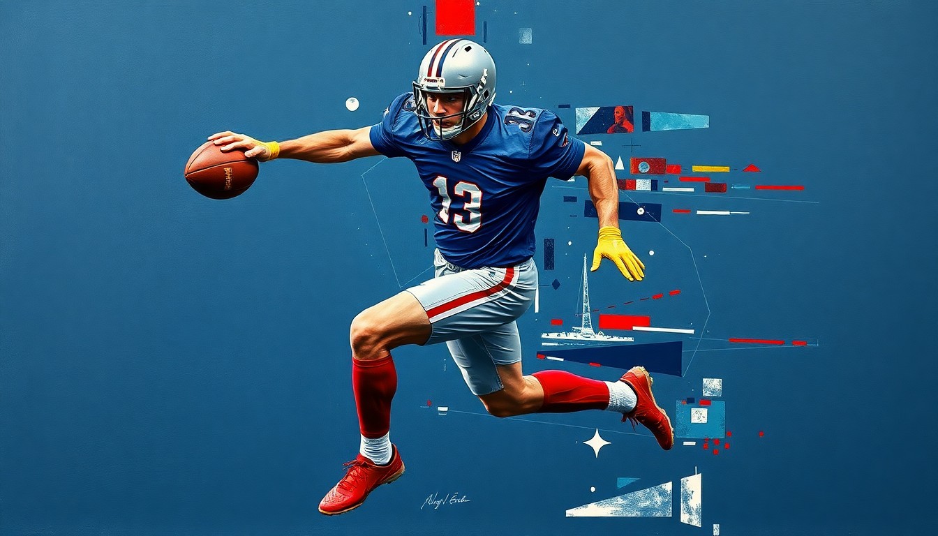 A fragmented, geometric painting depicting a football player in motion, with the player's body and the ball broken down into sharp, overlapping planes of navy, silver, and crimson, conveying the raw power and dynamism of a top-tier wide receiver.