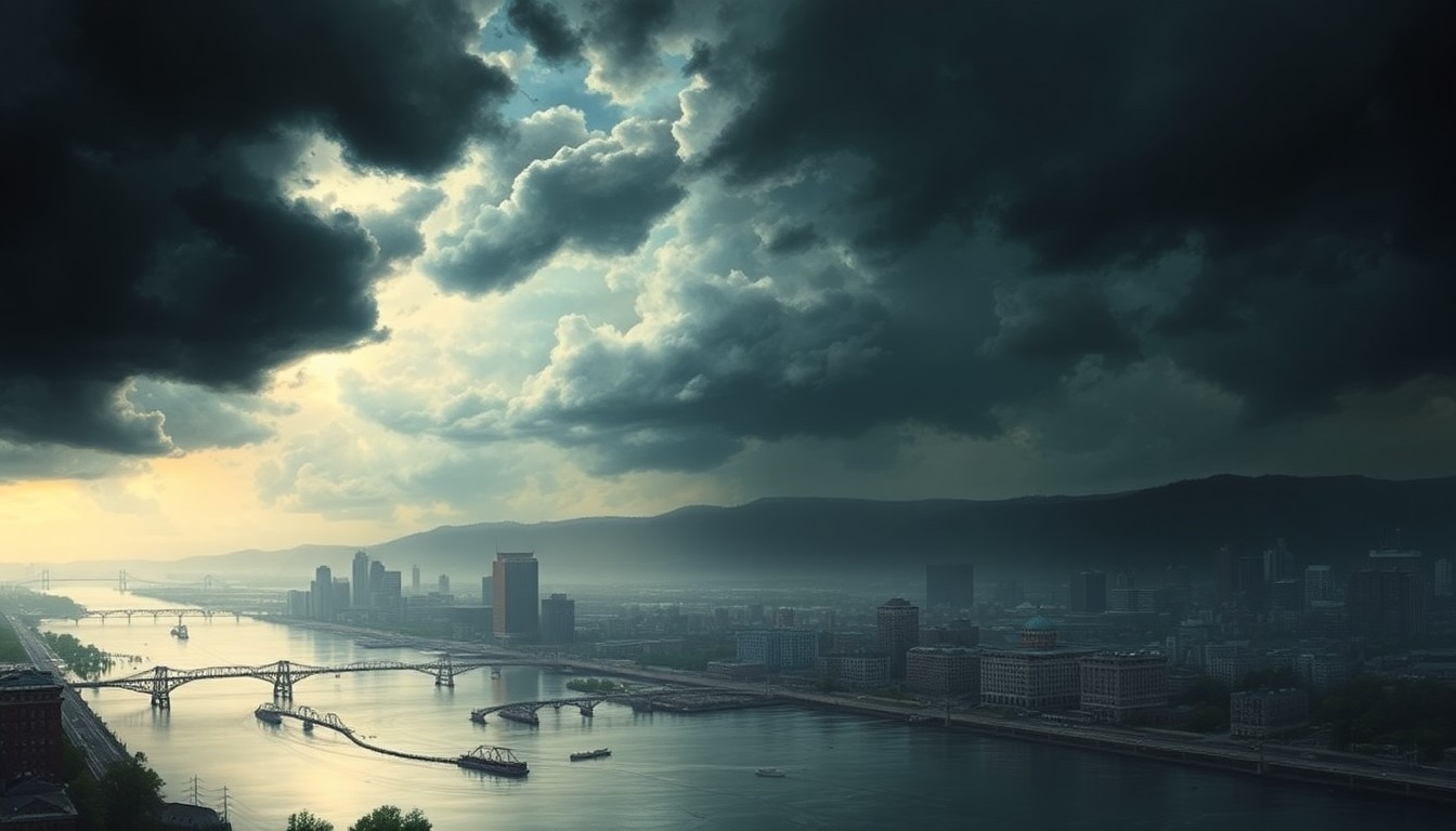 A sweeping, atmospheric landscape painting depicting a flooded Pittsburgh cityscape under a dramatic, stormy sky, with the city's buildings and infrastructure dwarfed by the overwhelming power of nature.