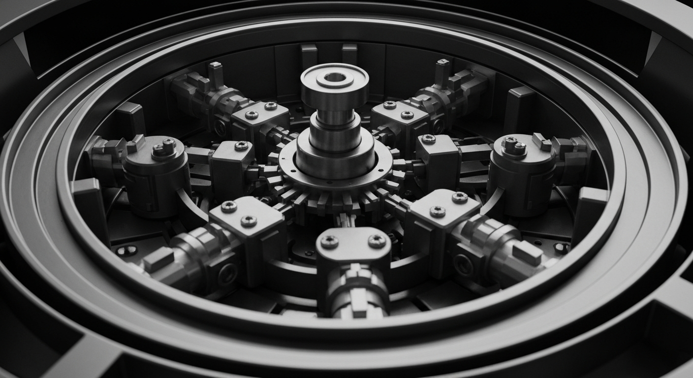 A high-contrast, black and white close-up image of the intricate machinery and components inside a nuclear microreactor, conveying the industrial power and engineering complexity of this emerging energy technology.