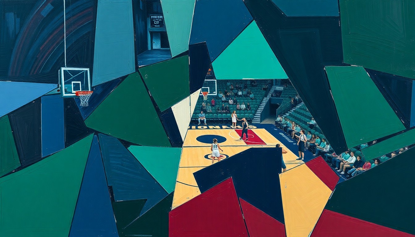 A cubist, geometric painting depicting a fragmented, multi-perspective view of a women's college basketball game, with sharp planes of navy, green, and burgundy colors.