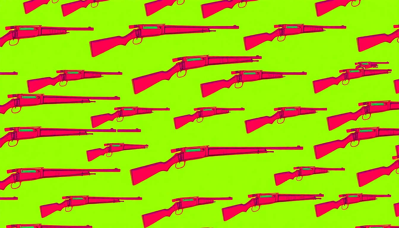A bold, colorful silkscreen illustration of a hunting rifle repeated in a grid pattern, capturing the energy and tradition of the Luzerne Predator Roundup event.
