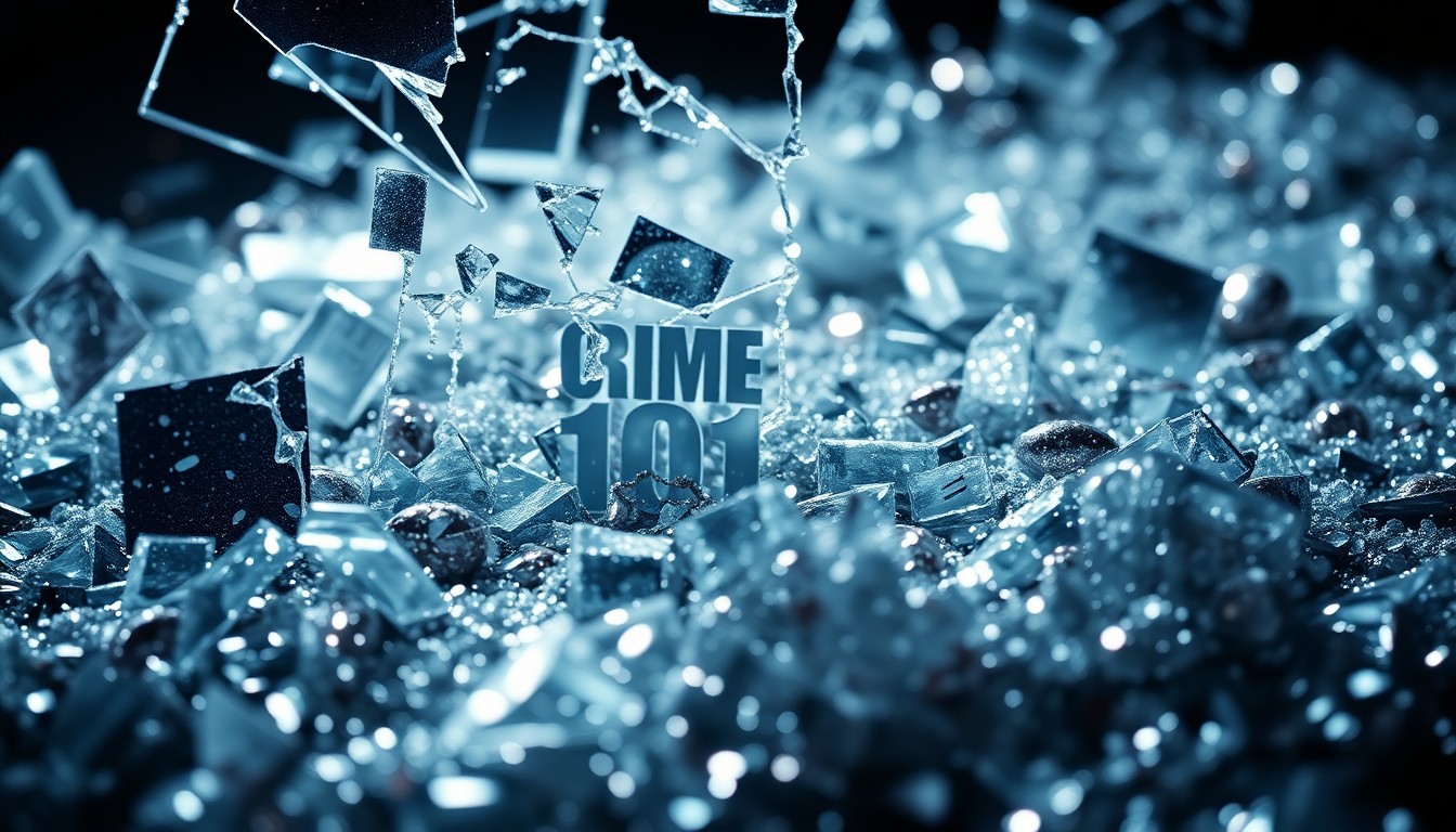 An extreme close-up of shattered glass and glittering sequins in high-contrast studio lighting, conceptually representing the duality of the crime thriller 'Crime 101'.