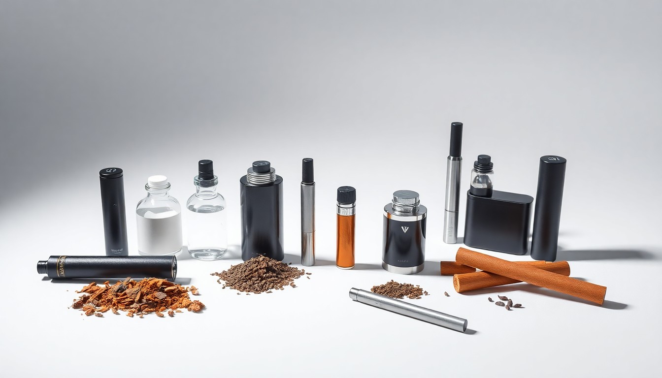 A minimalist studio still life photograph featuring a selection of premium tobacco and vaping products arranged elegantly on a solid white background, conceptually representing the complex issues surrounding the tobacco and vaping industry.