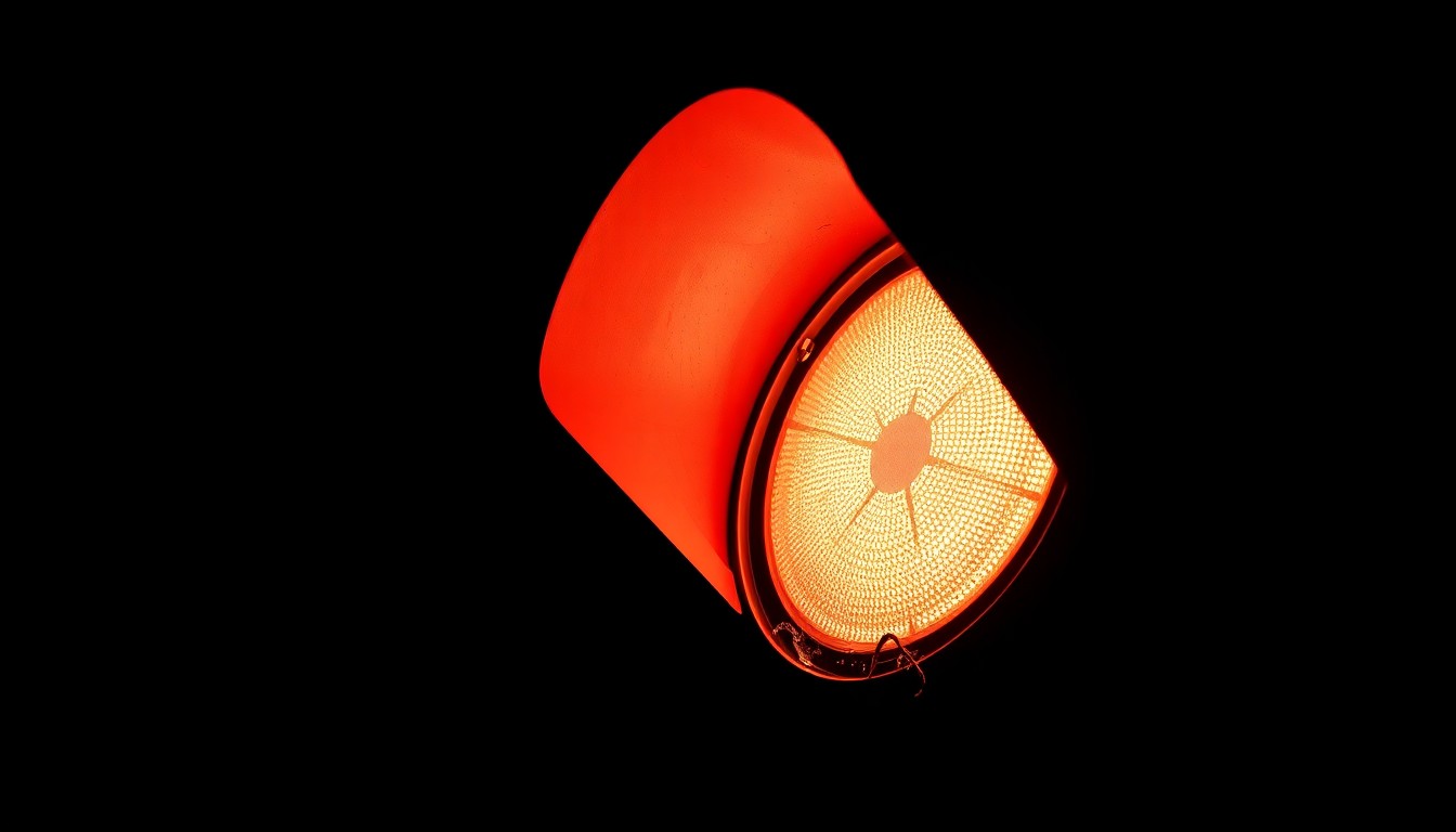 An extreme close-up photograph of a damaged traffic signal light against a pitch-black background, lit by a harsh, direct camera flash, conceptually representing the safety challenges facing Florida's urban centers.