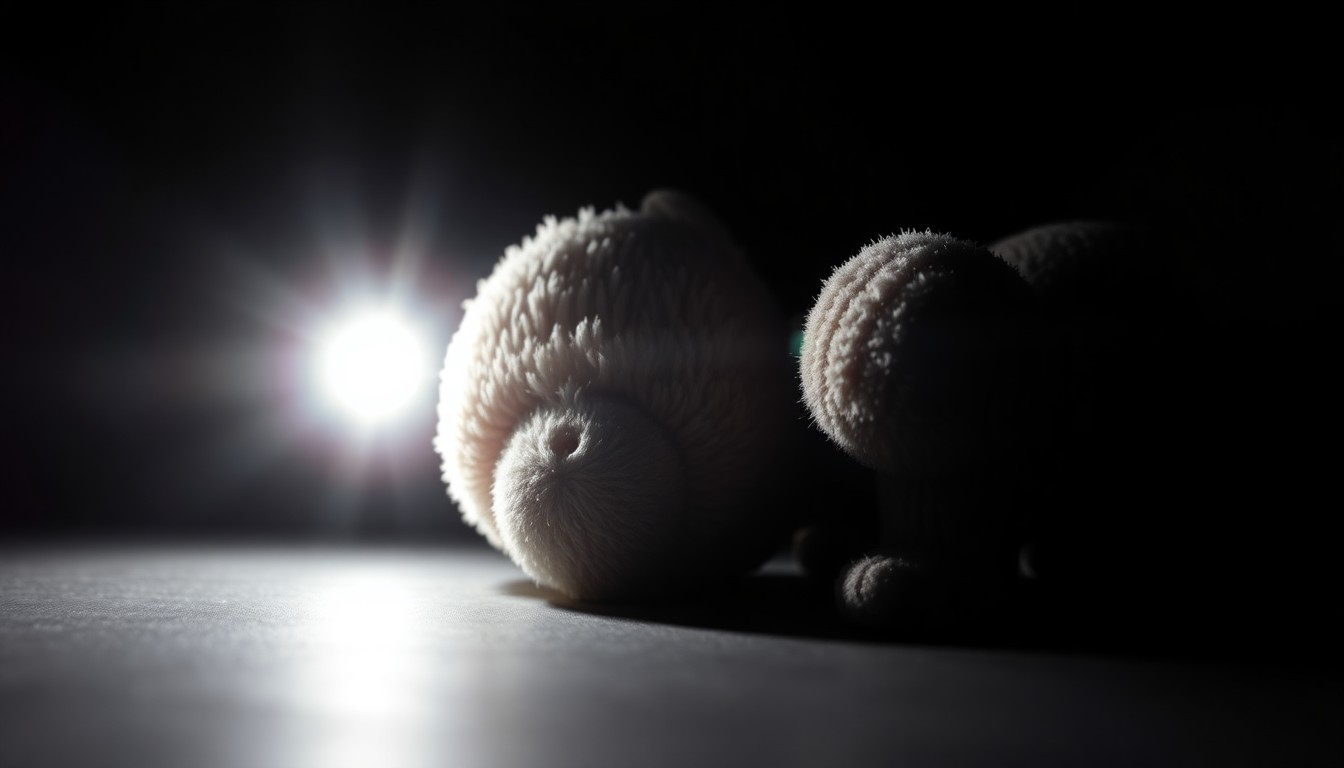 An extreme close-up photograph of a small plastic toy, its surface texture and details dramatically illuminated by a harsh, direct camera flash against a pitch-black background, conceptually representing the serious and gritty nature of the criminal investigation.