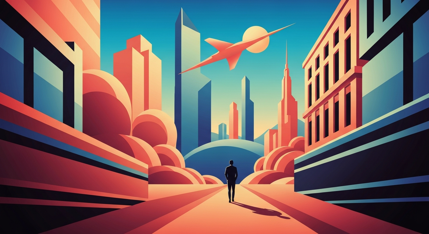 A bold, geometric illustration in the Art Deco style, featuring sweeping gradients and towering architectural forms that evoke the grand scale and cultural significance of the New Orleans Jazz & Heritage Festival.