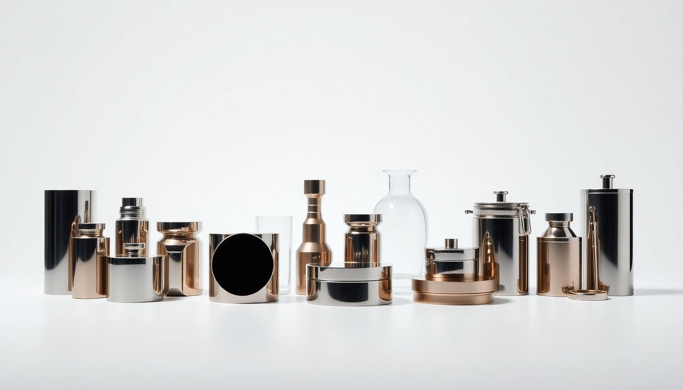 A high-end, photorealistic studio still-life photograph featuring a collection of polished metal and glass objects arranged elegantly on a clean, white background, conceptually representing the modern, reliable workforce housing solutions provided by FDTH.