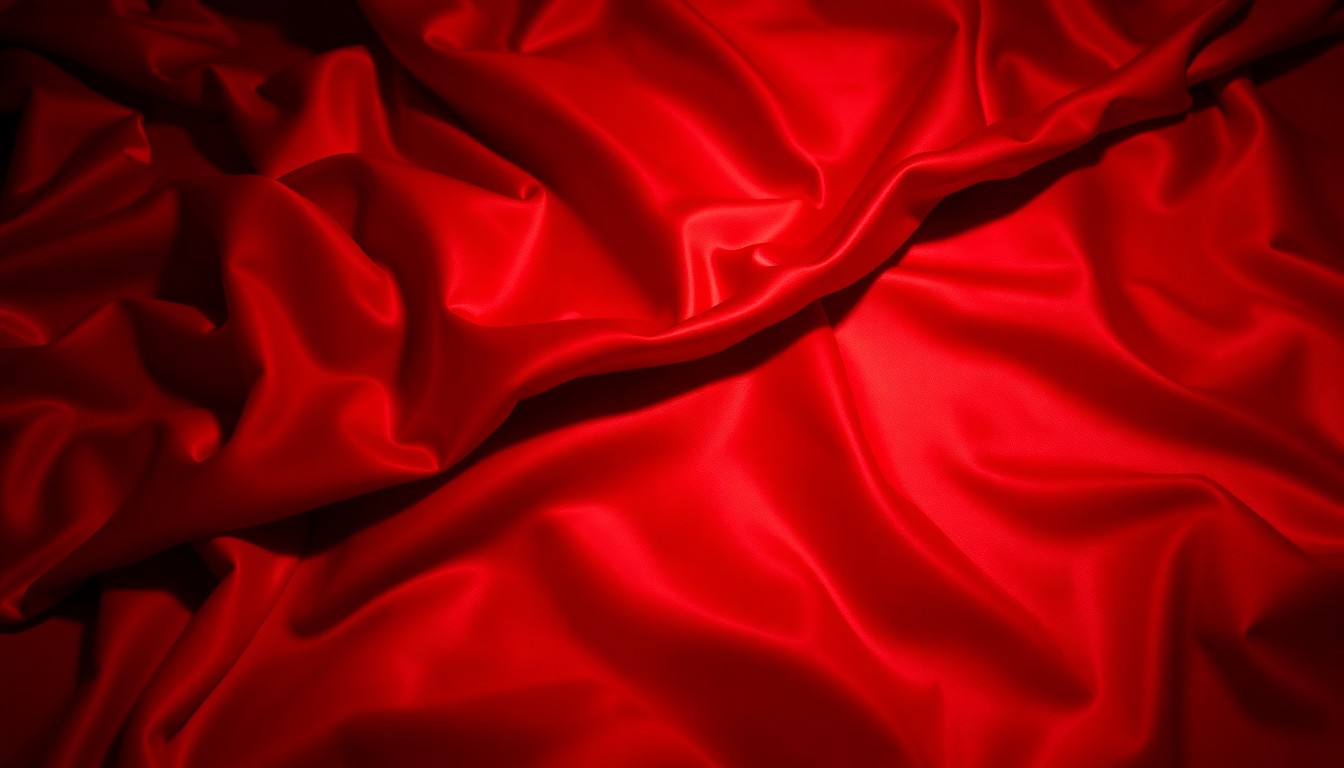 An abstract close-up photograph of luxurious red satin sheets, using dramatic studio lighting to create a high-fashion, glamorous aesthetic without any visible objects or people.