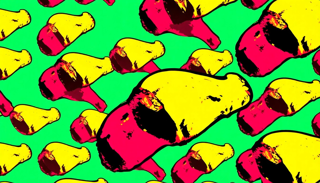 A boldly colored, abstract grid of fried chicken drumsticks in neon shades of red, yellow, and blue, conceptually representing the diverse interpretations of this iconic dish found in Indianapolis.