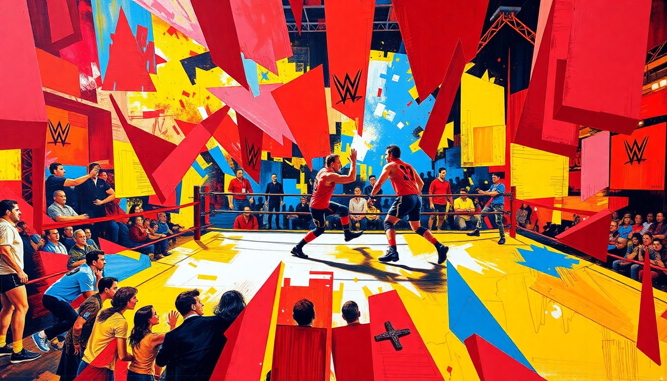 A dynamic, cubist-style painting depicting the intense action and energy of an NXT wrestling match, with the competitors and ring broken down into fragmented geometric shapes and planes of vivid color.