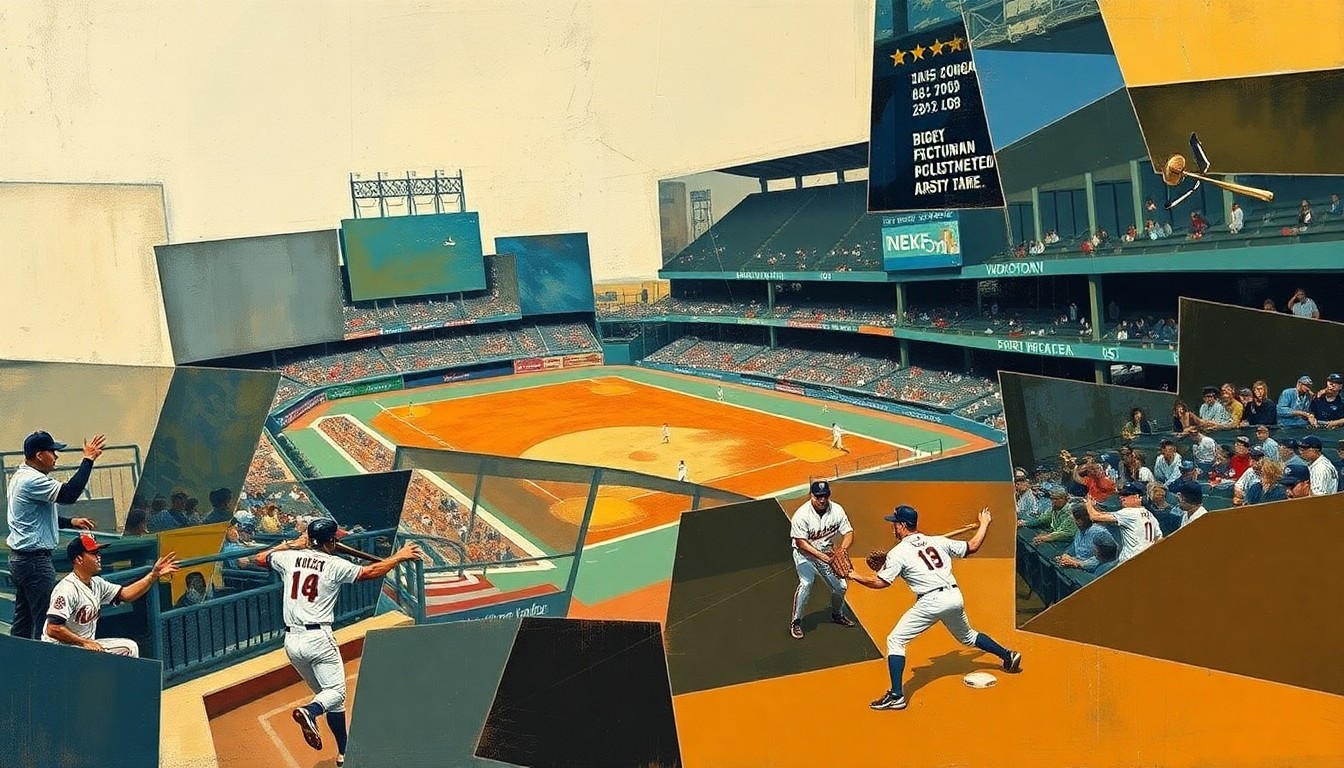 A fragmented, geometric painting depicting a baseball player's face and equipment, broken down into sharp, overlapping planes of muted earth tones and blues, with hints of red and yellow, conveying the disruption caused by the player's tardiness.