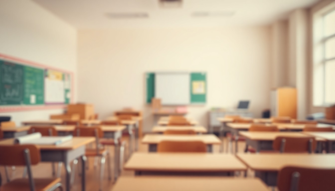 An abstract, impressionistic photograph in soft focus, depicting the blurred shapes and colors of an elementary school classroom, conveying a sense of nostalgia and the legacy of an educator.