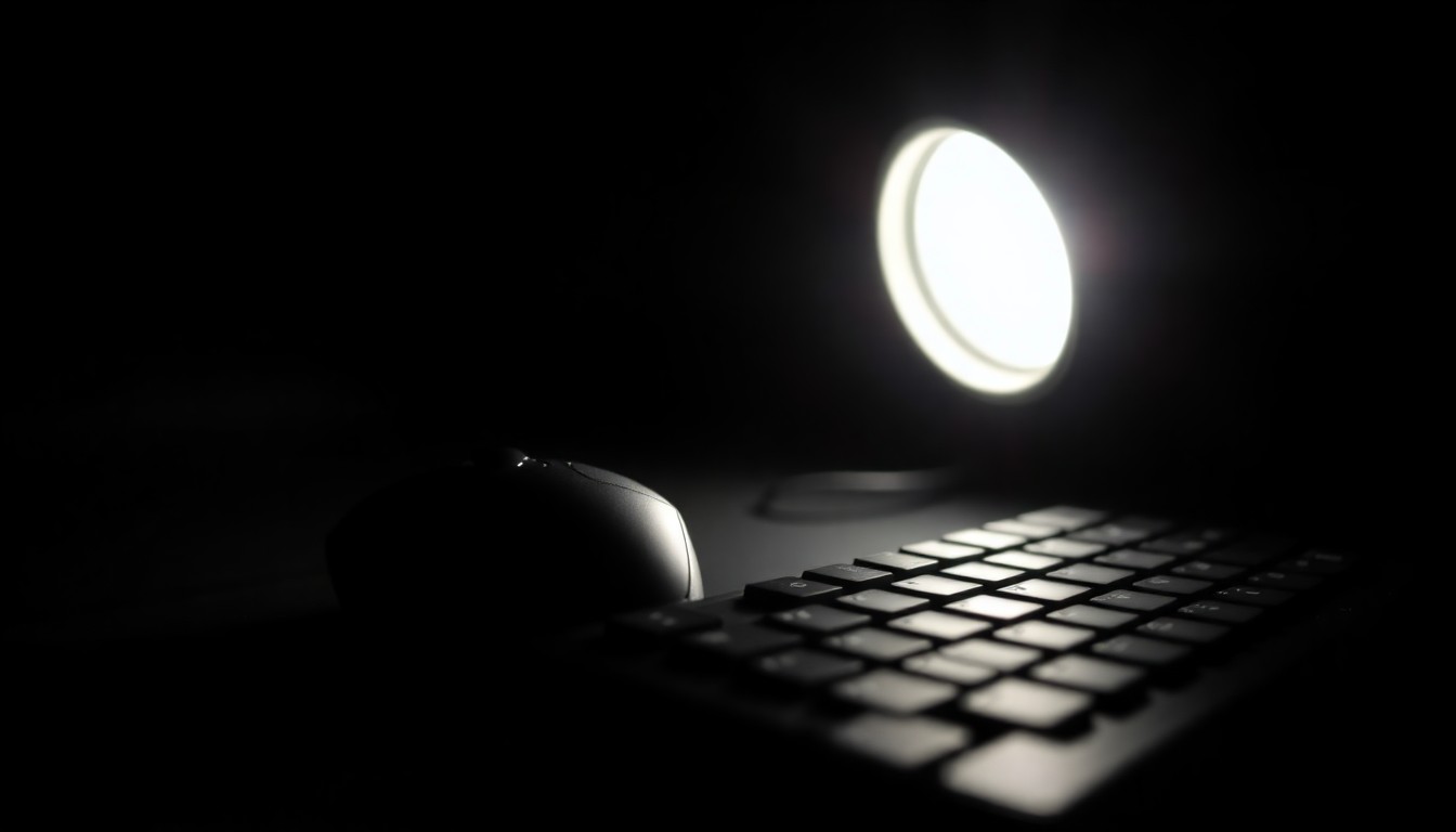 An extreme close-up photograph of a computer mouse and keyboard, lit by a harsh, direct camera flash against a pitch-black background, conceptually representing the disturbing violation of privacy and consent through technology.