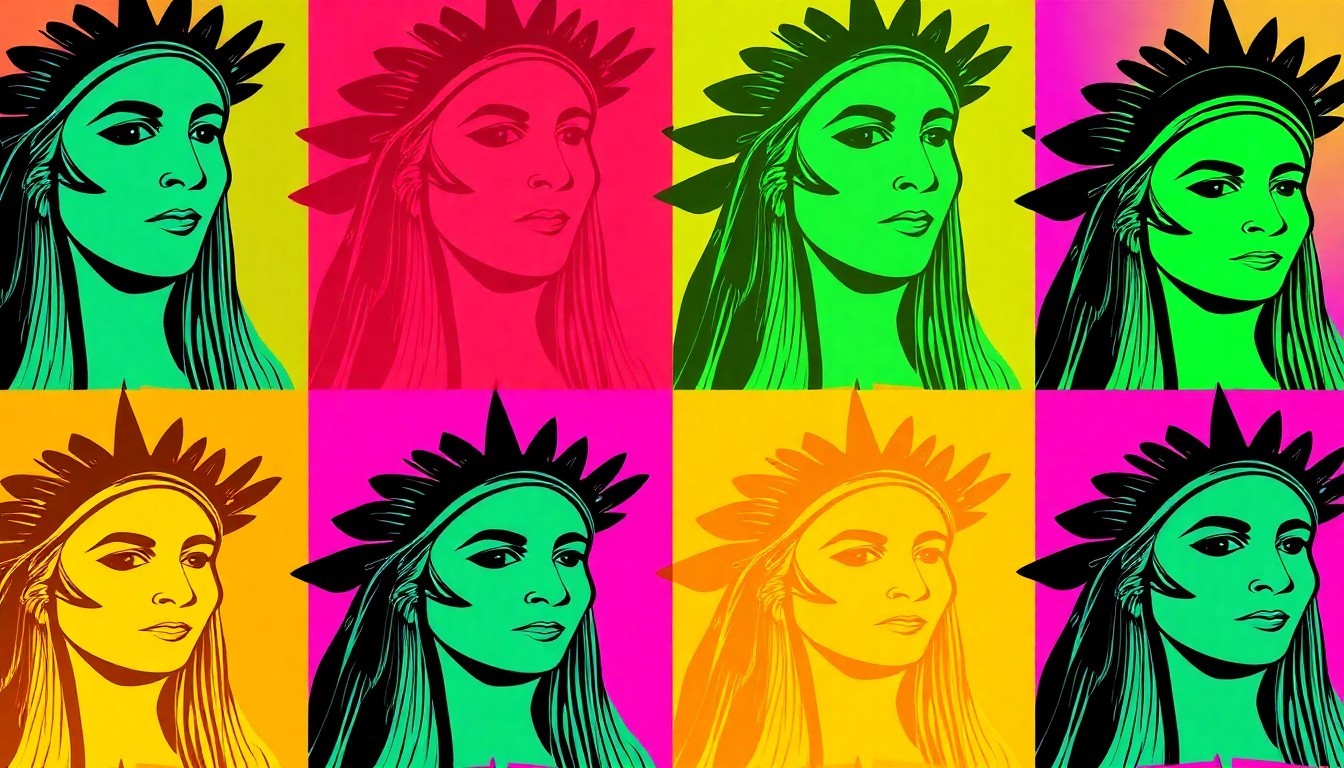 A vibrant, high-contrast silkscreen print featuring a traditional Comanche princess crown repeated in a grid, using bold neon colors and heavy black outlines to transform this cultural symbol into a modern pop art piece.