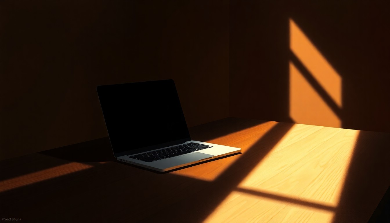 A solitary laptop computer sits on a wooden desk, its screen reflecting a warm, golden light that casts deep shadows across the surface. The scene has a quiet, contemplative mood, evoking the cinematic style of painter Edward Hopper.
