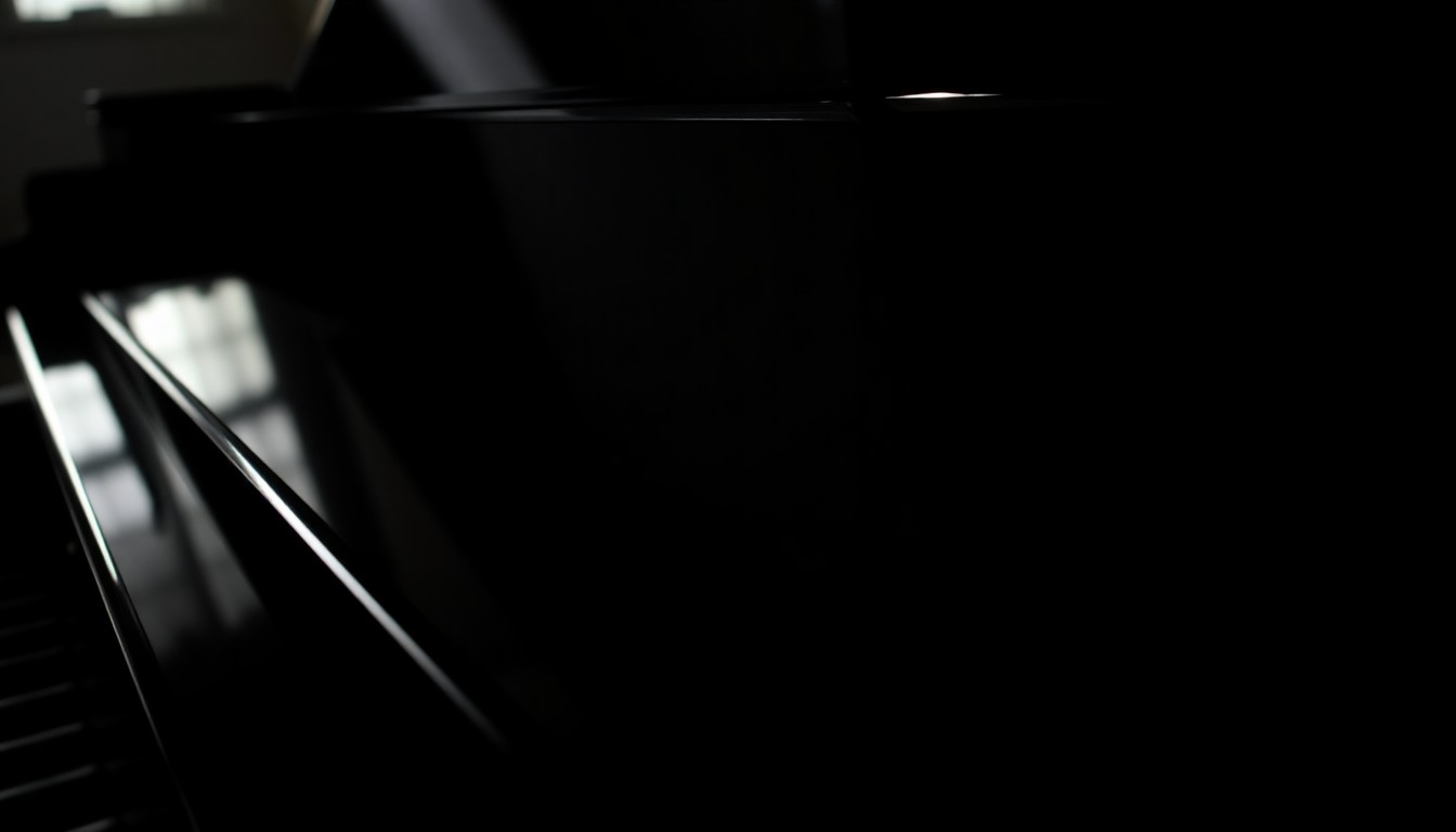 An extreme close-up photograph of a grand piano's glossy black lacquered surface, capturing the luxurious, glamorous texture and dramatic lighting to conceptually represent a high-caliber classical music performance.