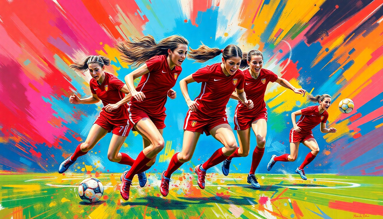 An abstract, expressionist painting in vibrant neon colors depicting the dynamic movements and energy of a high-intensity soccer match, with players' forms dissolving into bold, gestural brushstrokes.