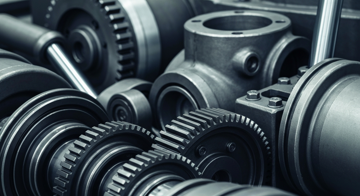 A close-up, cinematic shot of heavy industrial machinery parts, conveying a sense of power, reliability, and the tangible, physical nature of the equipment that Alta Group provides to its customers.