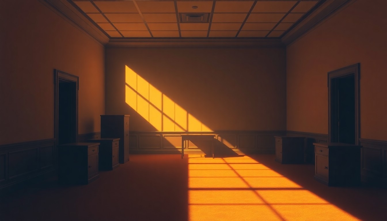 A dimly lit, cinematic painting of an empty government office space, with warm sunlight streaming in through the windows and deep shadows cast across the room, creating a contemplative and melancholic mood.