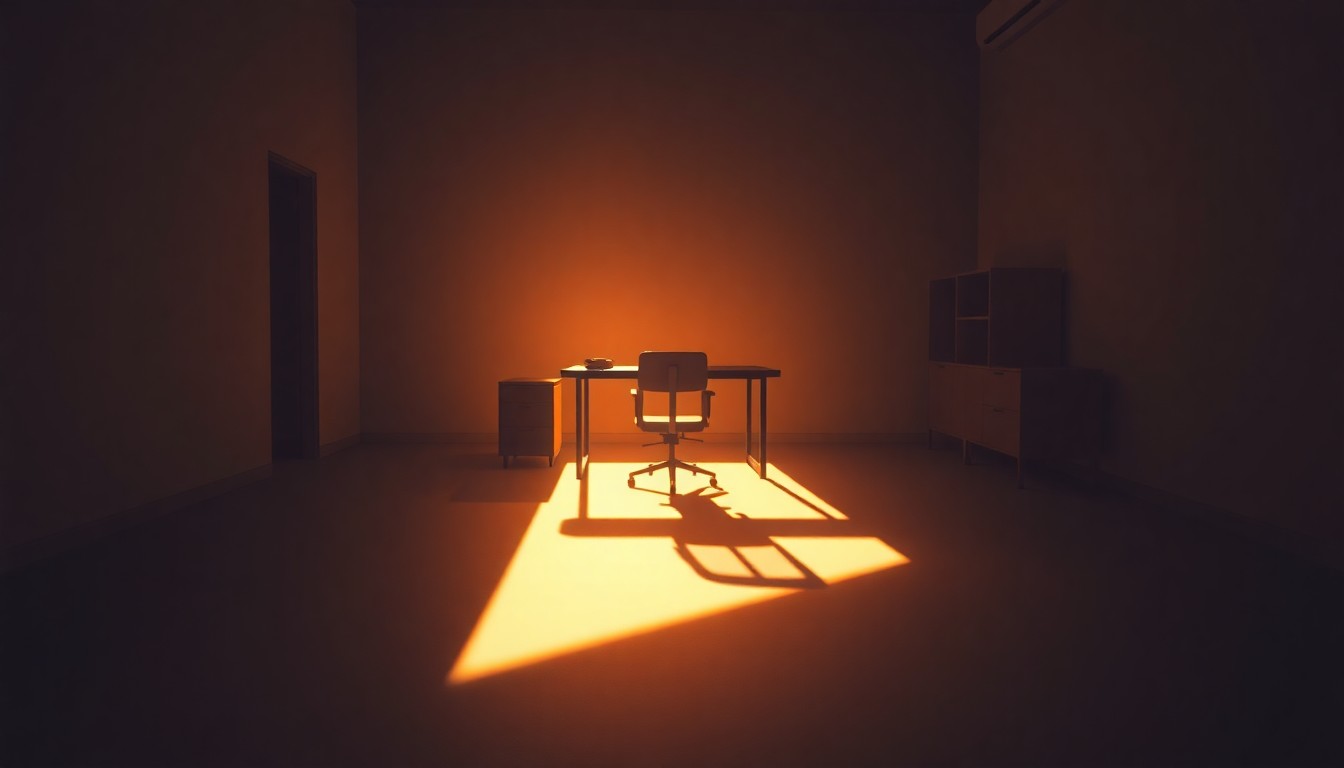 A dimly lit, cinematic office space with a lone desk and chair, casting long shadows across the floor as warm, diagonal sunlight streams through the window, creating a sense of quiet contemplation and unease.