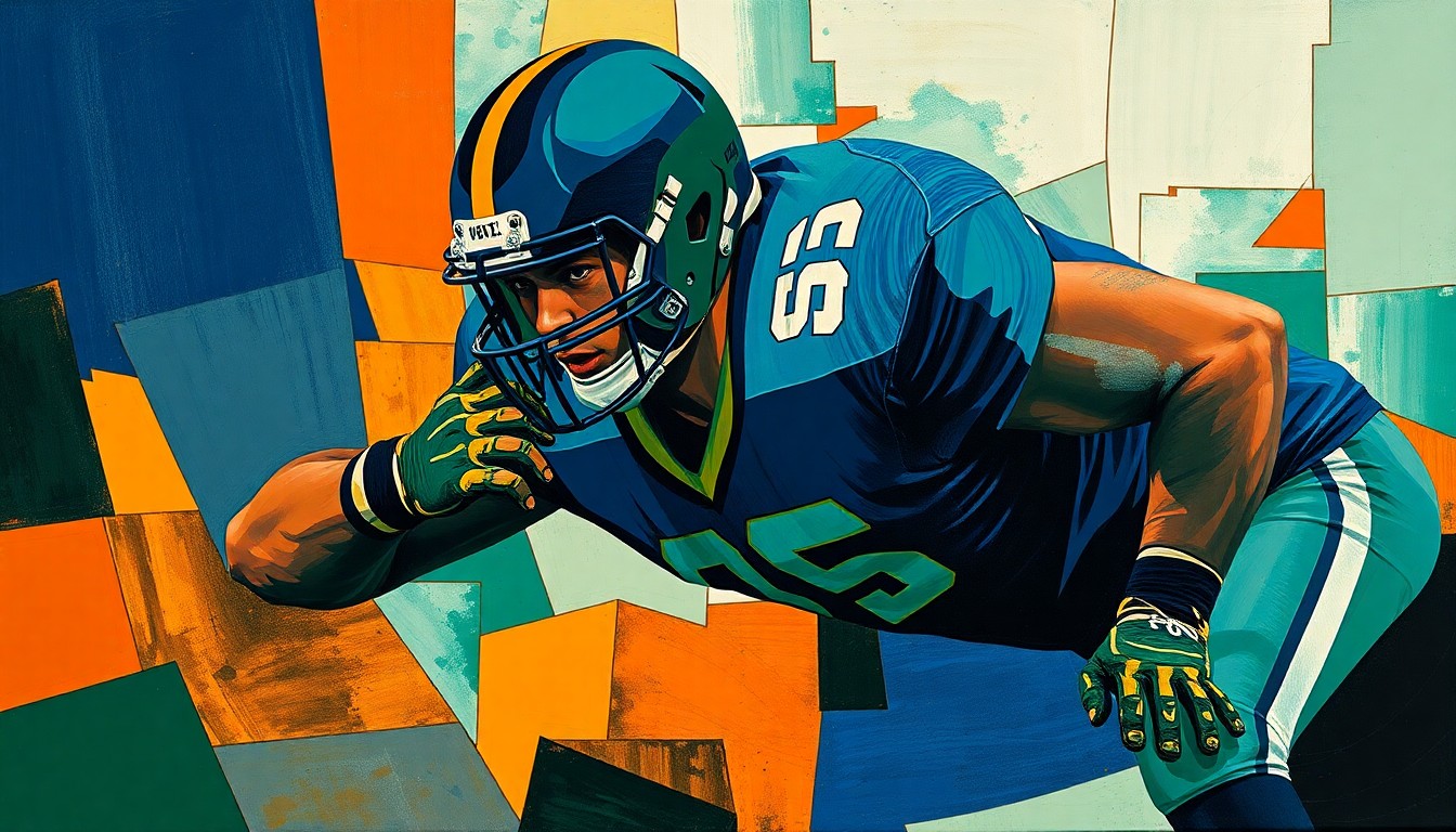 A cubist-style painting depicting the powerful, angular movements of a football lineman in the midst of a blocking play, rendered in a palette of navy, green, and orange hues.