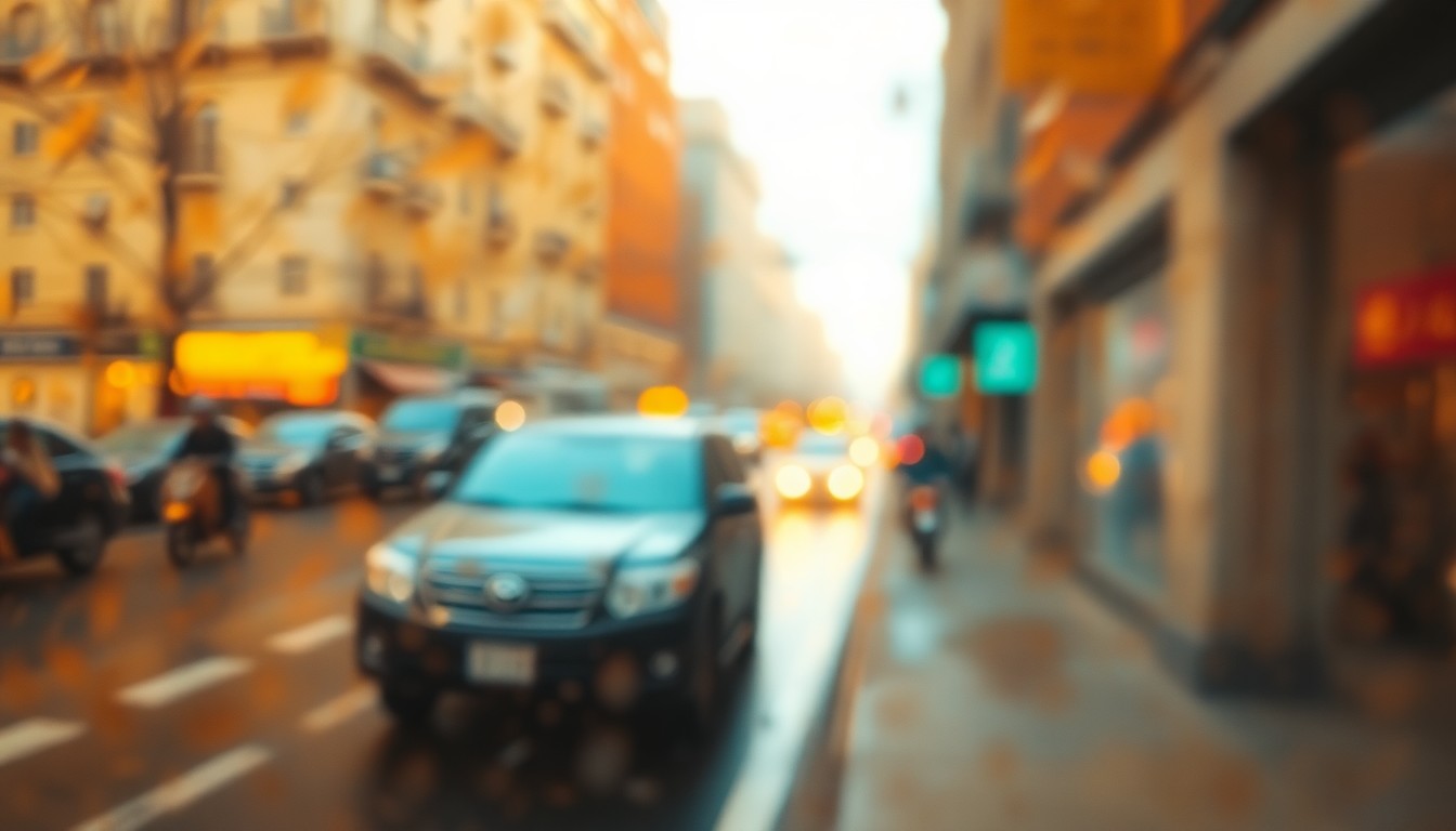 An impressionistic, out-of-focus photograph of a blurred street scene, with warm amber and ochre tones creating a sense of atmospheric mood and urban setting.
