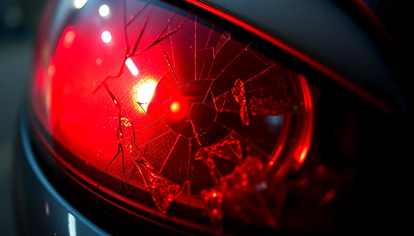 An extreme close-up photograph of a shattered car sensor lens reflecting a faint red light, conceptually representing the vandalism and unrest that occurred in Cincinnati on Opening Day.