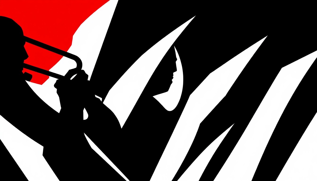 An abstract, minimalist illustration featuring bold, angular black shapes against a stark white background, conveying the dynamic energy of a brass band performance.