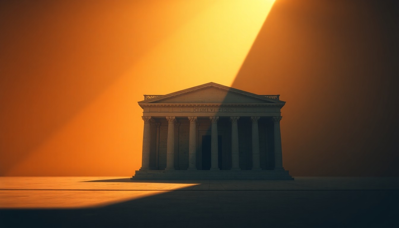 A dimly lit, cinematic painting of a weathered Greek government building, its facade cast in warm, diagonal sunlight and deep shadows, conveying a sense of quiet contemplation and political uncertainty.