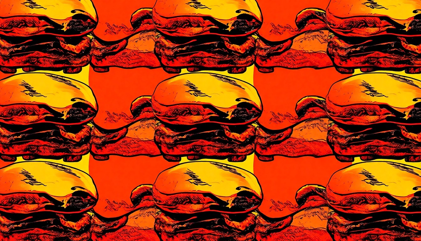 A brightly colored, high-contrast silkscreen print of a stack of barbecue ribs repeated in a tight grid pattern, capturing the iconic food and festive energy of the Memphis in May barbecue celebration.